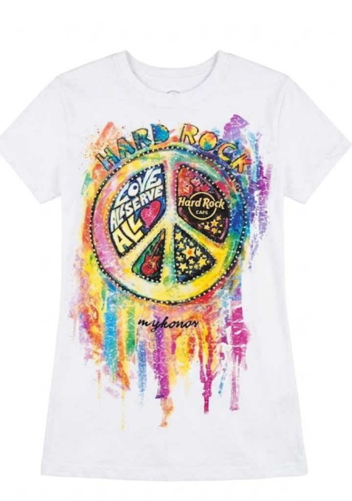 Hard Rock Cafe Mykonos Peace Love All T-Shirt White M 100% Cotton Crew Neck